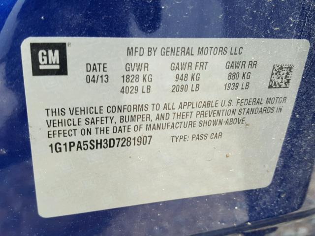 1G1PA5SH3D7281907 - 2013 CHEVROLET CRUZE LS BLUE photo 10