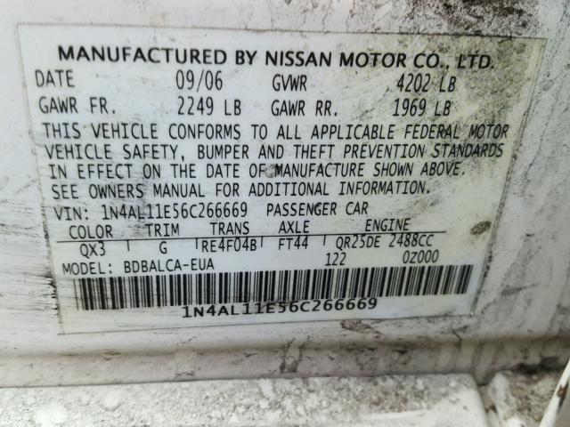 1N4AL11E56C266669 - 2006 NISSAN ALTIMA S WHITE photo 10