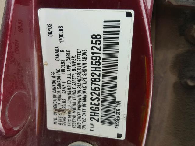 2HGES25782H591258 - 2002 HONDA CIVIC EX მუქწითელი ფოტო 10