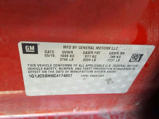 1G1JC5SH8G4174857 - 2016 CHEVROLET SONIC LT RED photo 10