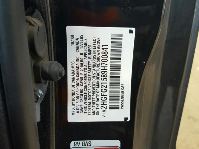 2HGFG21589H700841 - 2009 HONDA CIVIC SI BLACK photo 10