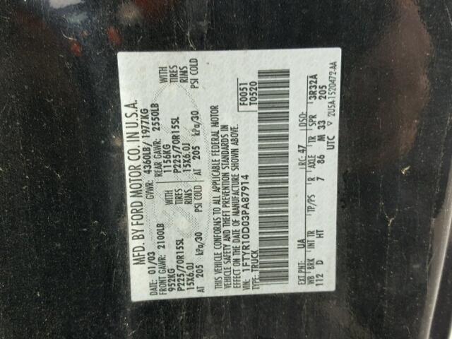 1FTYR10D03PA87914 - 2003 FORD RANGER BLACK photo 10