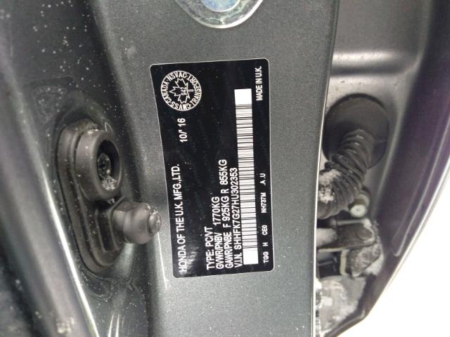 SHHFK7G27HU302353 - 2017 HONDA CIVIC LX GRAY photo 10