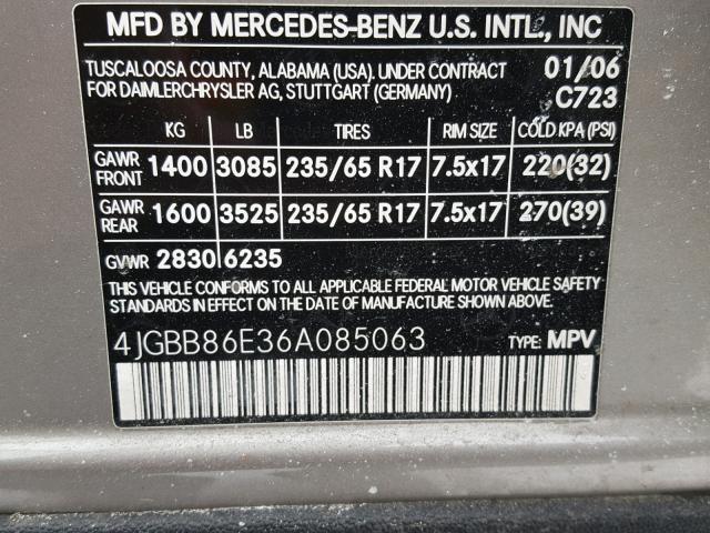 4JGBB86E36A085063 - 2006 MERCEDES-BENZ ML 350 GRAY photo 10