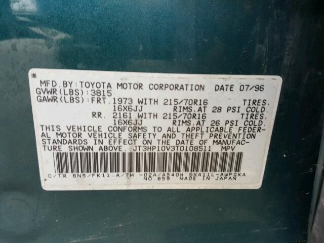 JT3HP10V3T0108511 - 1996 TOYOTA RAV4 GREEN photo 10