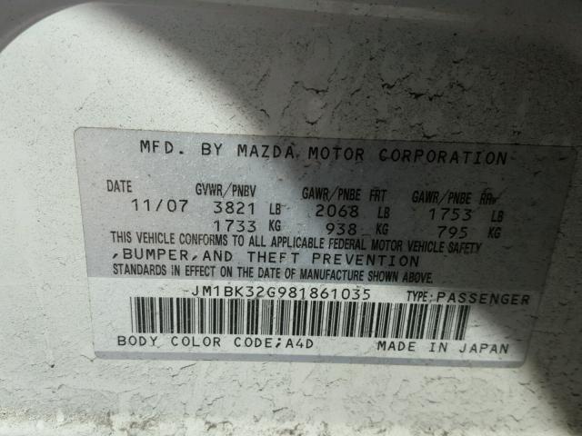 JM1BK32G981861035 - 2008 MAZDA 3 I WHITE photo 10