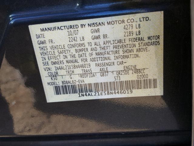 1N4AL21E58N446019 - 2008 NISSAN ALTIMA 2.5 GRAY photo 10