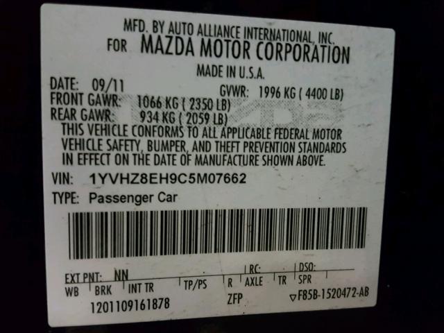 1YVHZ8EH9C5M07662 - 2012 MAZDA 6 I BLACK photo 10