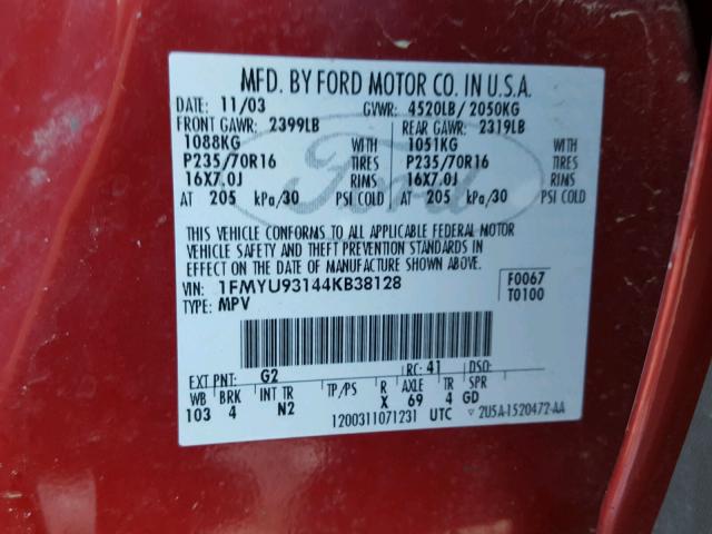 1FMYU93144KB38128 - 2004 FORD ESCAPE XLT RED photo 10