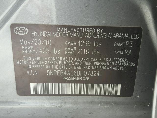 5NPEB4AC6BH078241 - 2011 HYUNDAI SONATA GLS GRAY photo 10