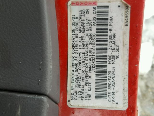 JTDDR32T410103536 - 2001 TOYOTA CELICA GT RED photo 10