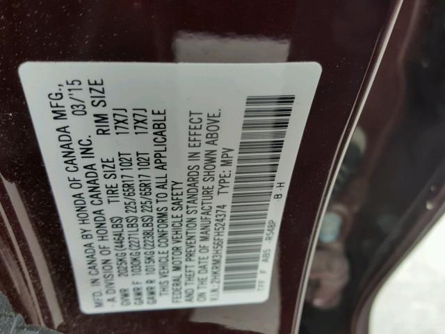 2HKRM3H56FH524374 - 2015 HONDA CR-V EX MAROON photo 10