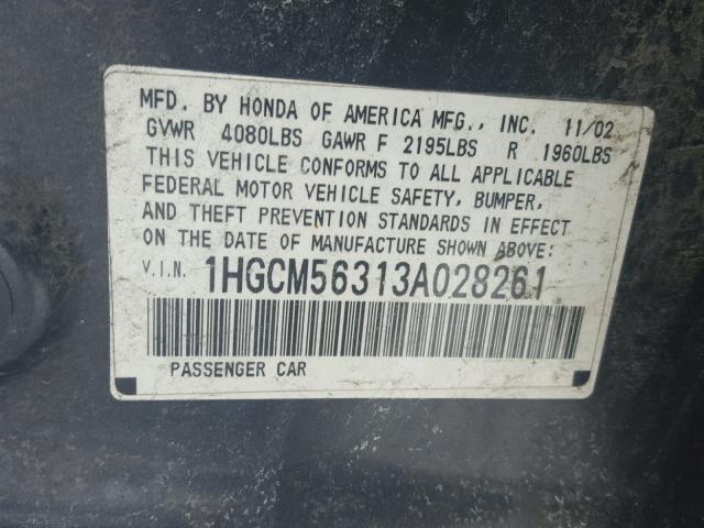 1HGCM56313A028261 - 2003 HONDA ACCORD LX GRAY photo 10