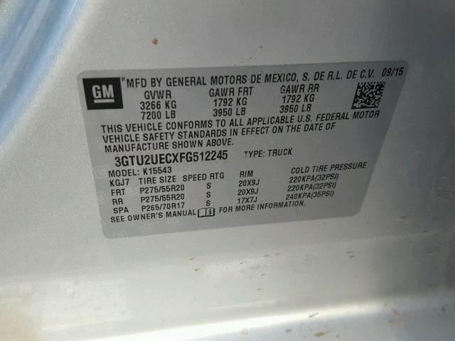 3GTU2UECXFG512245 - 2015 GMC SIERRA K15 SILVER photo 10