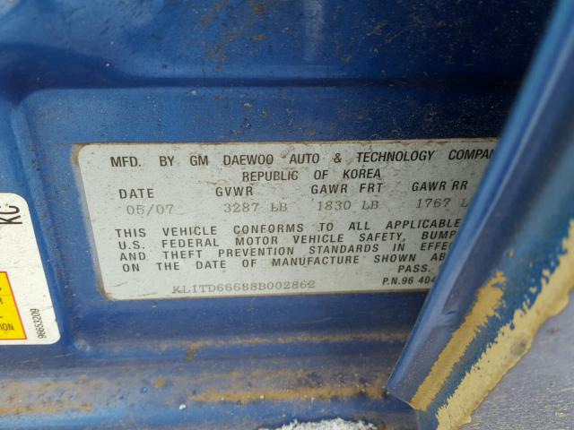 KL1TD66688B002862 - 2008 CHEVROLET AVEO BASE Mavi fotoğraf 10