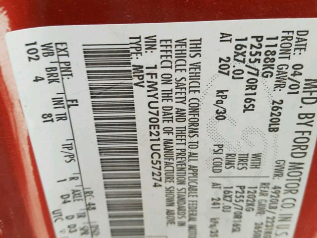 1FMYU70E21UC57274 - 2001 FORD EXPLORER S MAROON photo 10