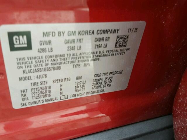 KL4CJASB1GB578499 - 2016 BUICK ENCORE RED photo 10