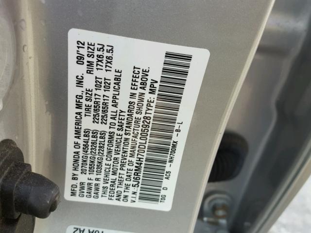 5J6RM4H70DL005928 - 2013 HONDA CR-V EXL SILVER photo 10