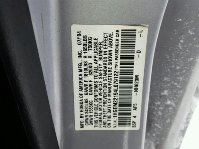 1HGEM22194L079122 - 2004 HONDA CIVIC DX V SILVER photo 10