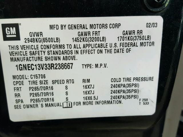 1GNEC13V33R238667 - 2003 CHEVROLET TAHOE C150 BLACK photo 10