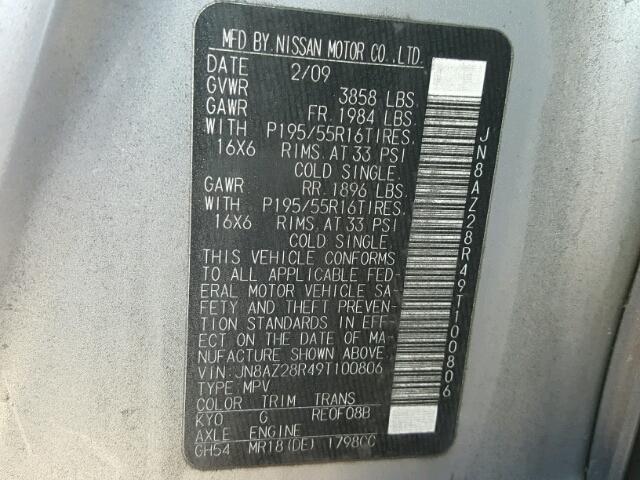 JN8AZ28R49T100806 - 2009 NISSAN CUBE BASE SILVER photo 10