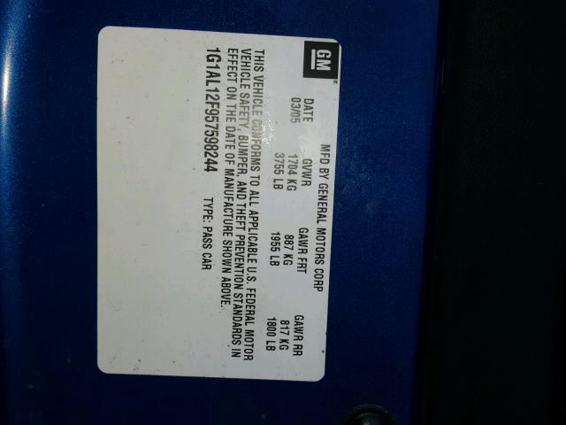 1G1AL12F957598244 - 2005 CHEVROLET COBALT LS BLUE photo 10