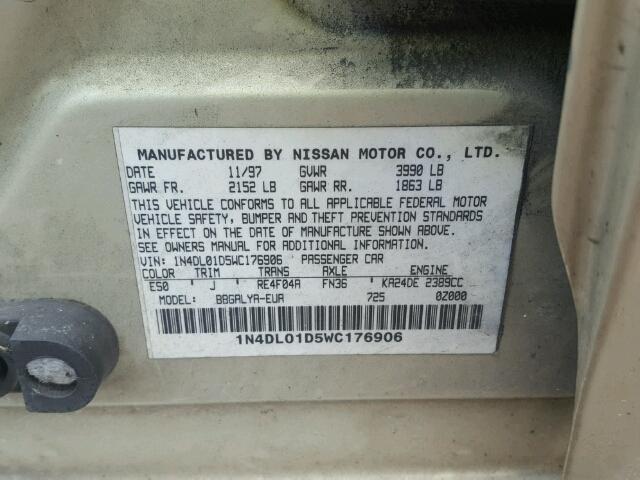 1N4DL01D5WC176906 - 1998 NISSAN ALTIMA XE TAN photo 10