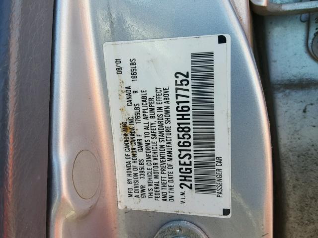 2HGES16581H617752 - 2001 HONDA CIVIC LX SILVER photo 10