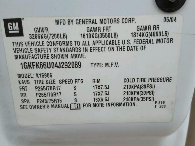 1GKFK66U04J292089 - 2004 GMC YUKON XL D WHITE photo 10