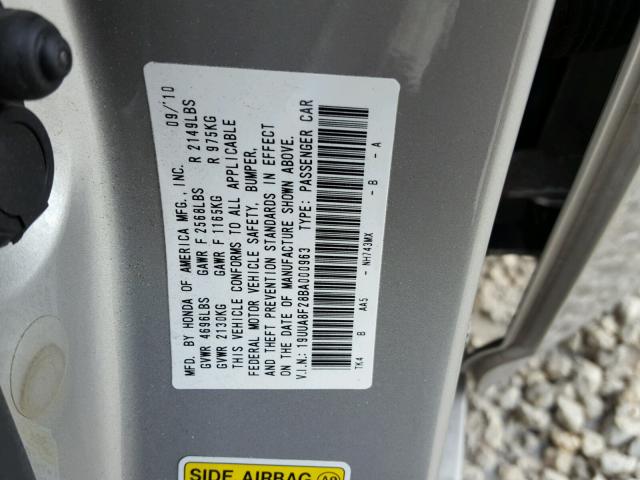 19UUA8F28BA000963 - 2011 ACURA TL SILVER photo 10