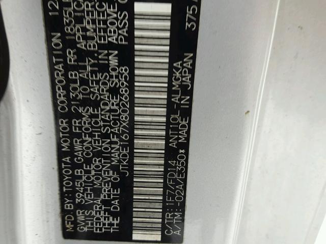 JTKDE167X80268958 - 2008 TOYOTA SCION TC 银色 照片 10