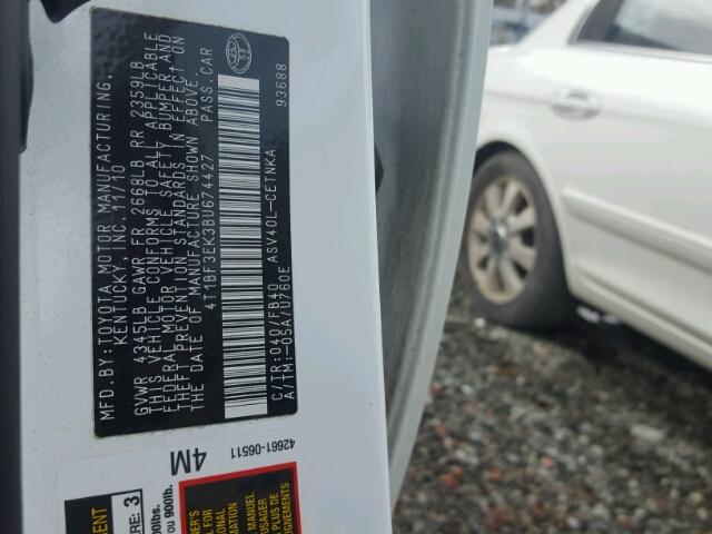 4T1BF3EK3BU674427 - 2011 TOYOTA CAMRY BASE WHITE photo 10