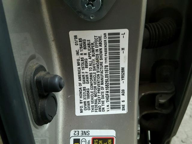 1HGFA16826L051678 - 2006 HONDA CIVIC EX ვერცხლისფერი ფოტო 10