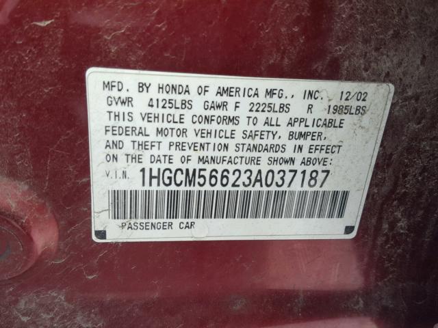 1HGCM56623A037187 - 2003 HONDA ACCORD EX BURGUNDY photo 10