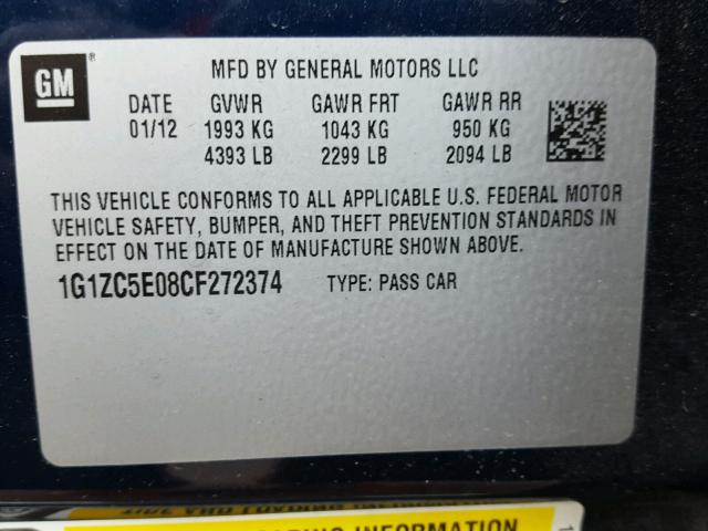 1G1ZC5E08CF272374 - 2012 CHEVROLET MALIBU 1LT 蓝色 照片 10