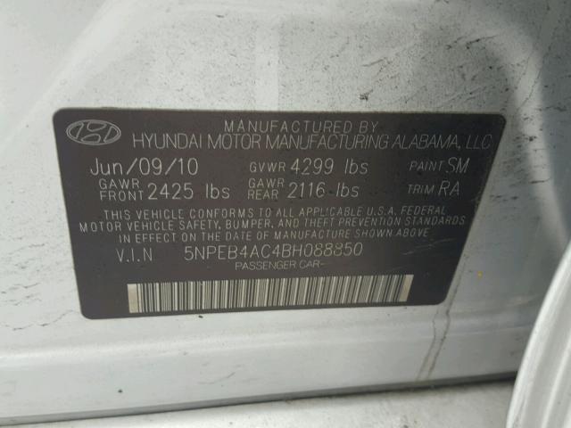 5NPEB4AC4BH088850 - 2011 HYUNDAI SONATA GLS SILVER photo 10