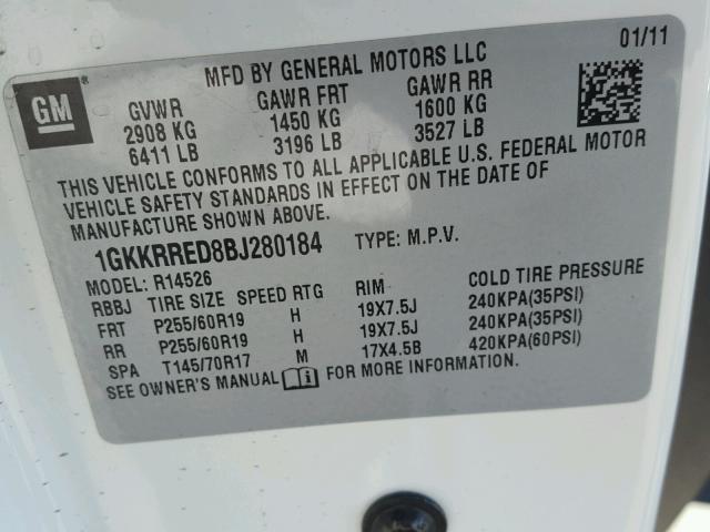 1GKKRRED8BJ280184 - 2011 GMC ACADIA SLT თეთრი ფოტო 10