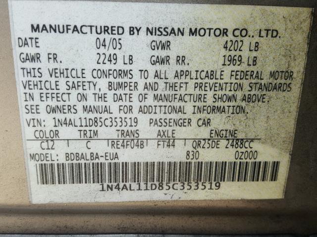 1N4AL11D85C353519 - 2005 NISSAN ALTIMA S GOLD photo 10