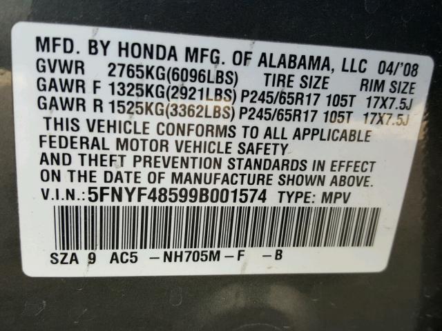 5FNYF48599B001574 - 2009 HONDA PILOT EXL GRAY photo 10