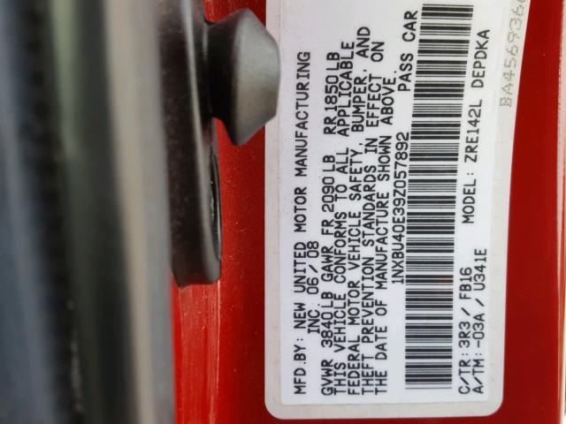 1NXBU40E39Z057892 - 2009 TOYOTA COROLLA BA RED photo 10