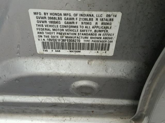 19VDE1F38FE008270 - 2015 ACURA ILX 20 SILVER photo 10