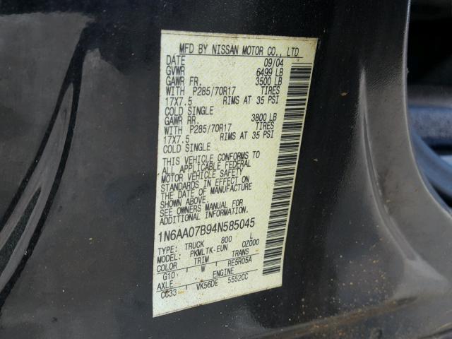 1N6AA07B94N585045 - 2004 NISSAN TITAN XE BLACK photo 10