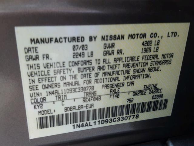 1N4AL11D93C330778 - 2003 NISSAN ALTIMA BAS TAN photo 10