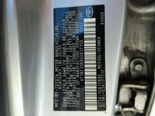 4T1BF32K85U617150 - 2005 TOYOTA CAMRY LE SILVER photo 10