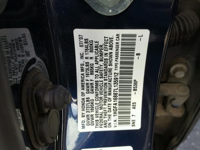 1HGFA16887L135912 - 2007 HONDA CIVIC EX BLUE photo 10