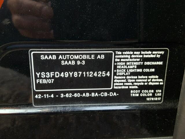 YS3FD49Y871124254 - 2007 SAAB 9-3 2.0T BLACK photo 10