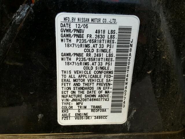 JN8AZ08T46W407743 - 2006 NISSAN MURANO SL BLACK photo 10