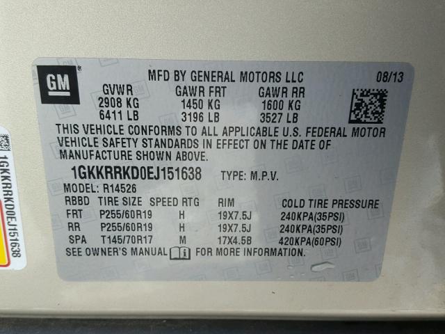 1GKKRRKD0EJ151638 - 2014 GMC ACADIA SLT ოქროსფერი ფოტო 10