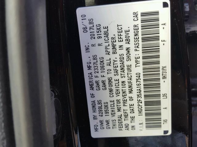 1HGCP2F35AA167540 - 2010 HONDA ACCORD LX BLACK photo 10