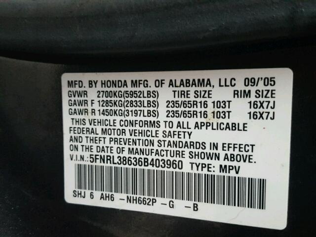 5FNRL38636B403960 - 2006 HONDA ODYSSEY EX GRAY photo 10